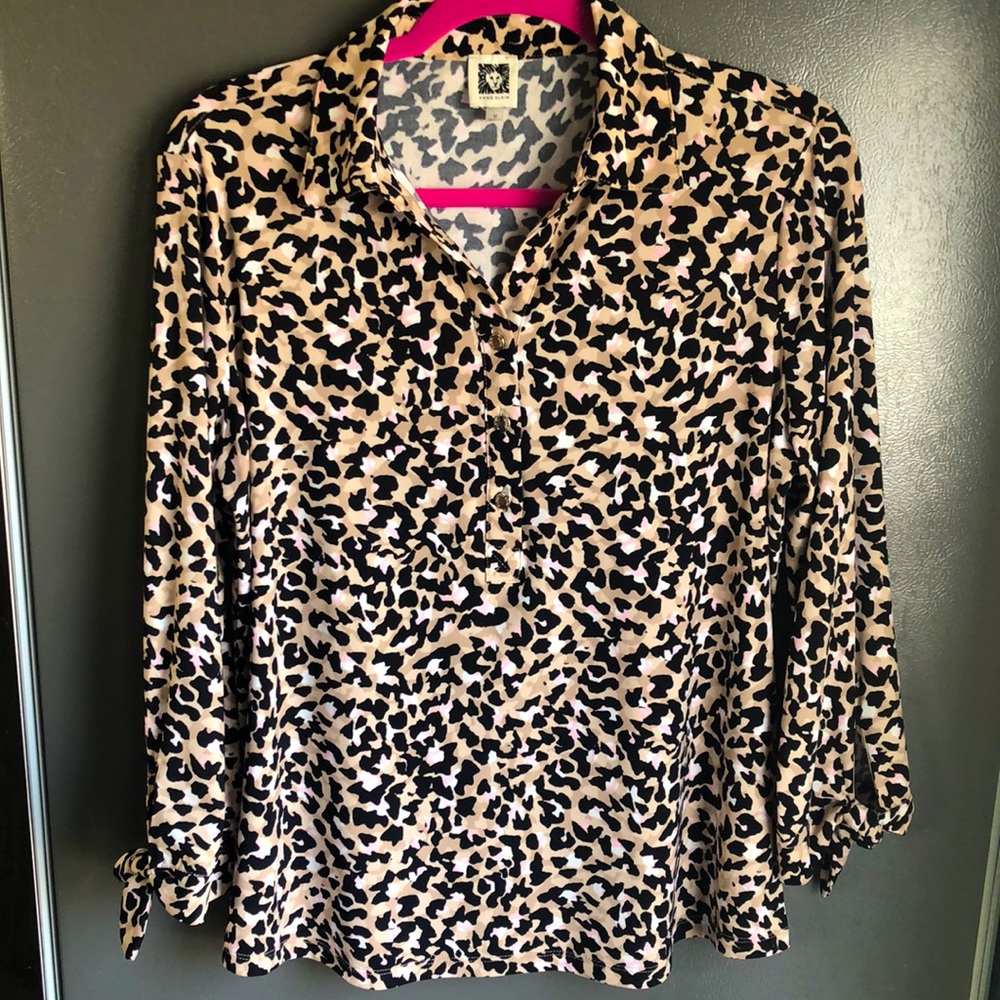 Anne Klein Tan/Pink Leopard Print Stretchy Top 3/4 Sleeve